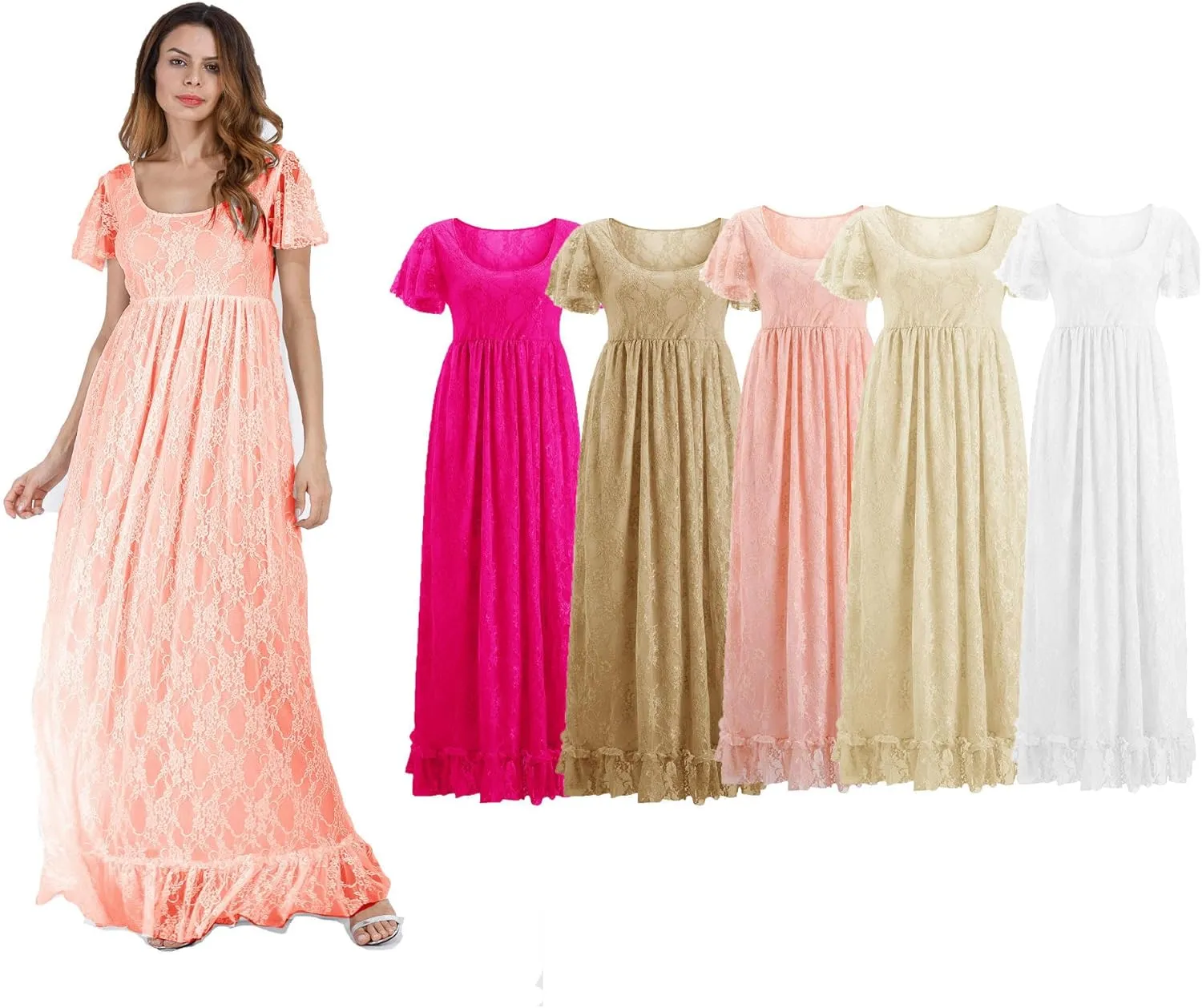 IWEMEK Women Ruched Floral Lace Maternity Photography Prop Maxi Dress Fancy Wedding Pregnancy Gown for Baby Shower Photoshoot