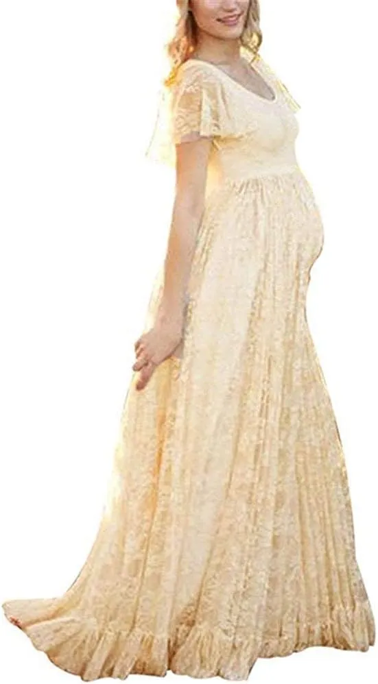 IWEMEK Women Ruched Floral Lace Maternity Photography Prop Maxi Dress Fancy Wedding Pregnancy Gown for Baby Shower Photoshoot