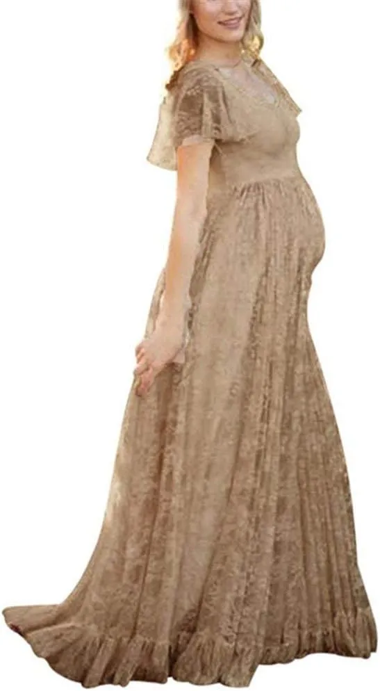 IWEMEK Women Ruched Floral Lace Maternity Photography Prop Maxi Dress Fancy Wedding Pregnancy Gown for Baby Shower Photoshoot