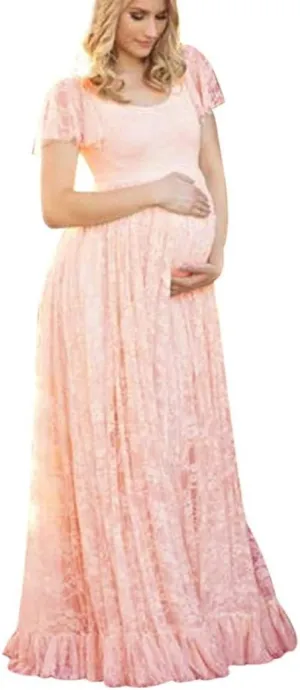 IWEMEK Women Ruched Floral Lace Maternity Photography Prop Maxi Dress Fancy Wedding Pregnancy Gown for Baby Shower Photoshoot