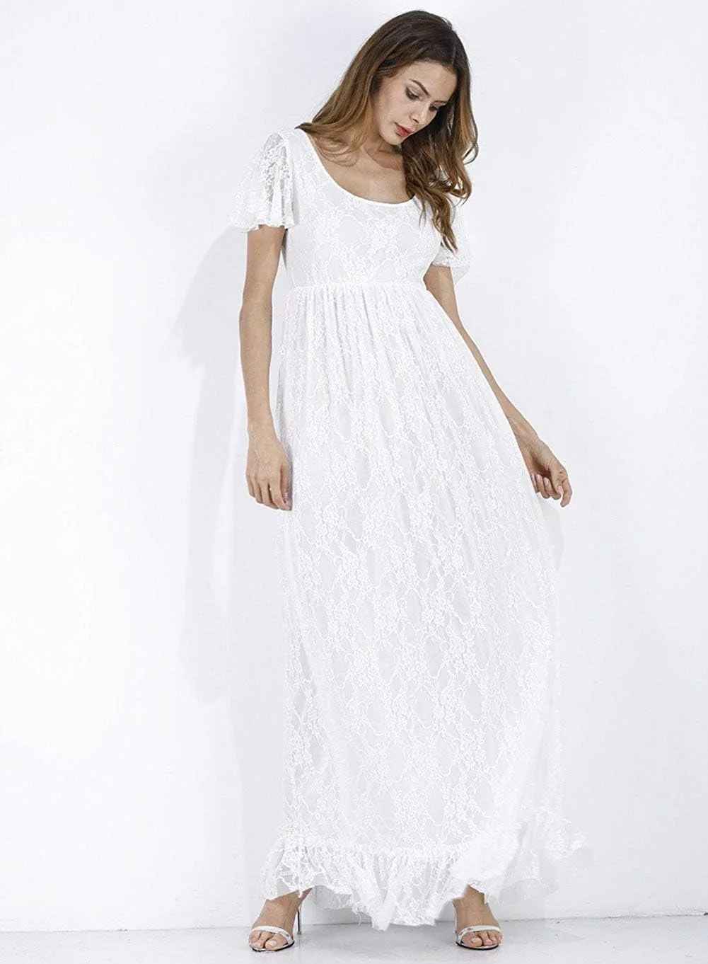 IWEMEK Women Ruched Floral Lace Maternity Photography Prop Maxi Dress Fancy Wedding Pregnancy Gown for Baby Shower Photoshoot