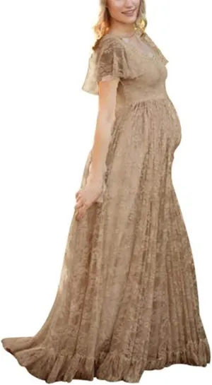 IWEMEK Women Ruched Floral Lace Maternity Photography Prop Maxi Dress Fancy Wedding Pregnancy Gown for Baby Shower Photoshoot