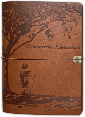 Jarowslly Watercolor Sketchbook, Leather Watercolor Journal, 9.06"x6.69", 140LB/300GSM, 24 Sheets, 48 Pages, 100% Cotton Watercolor Paper, Watercolor Book for Adults, Artists, Students (Light Brown)