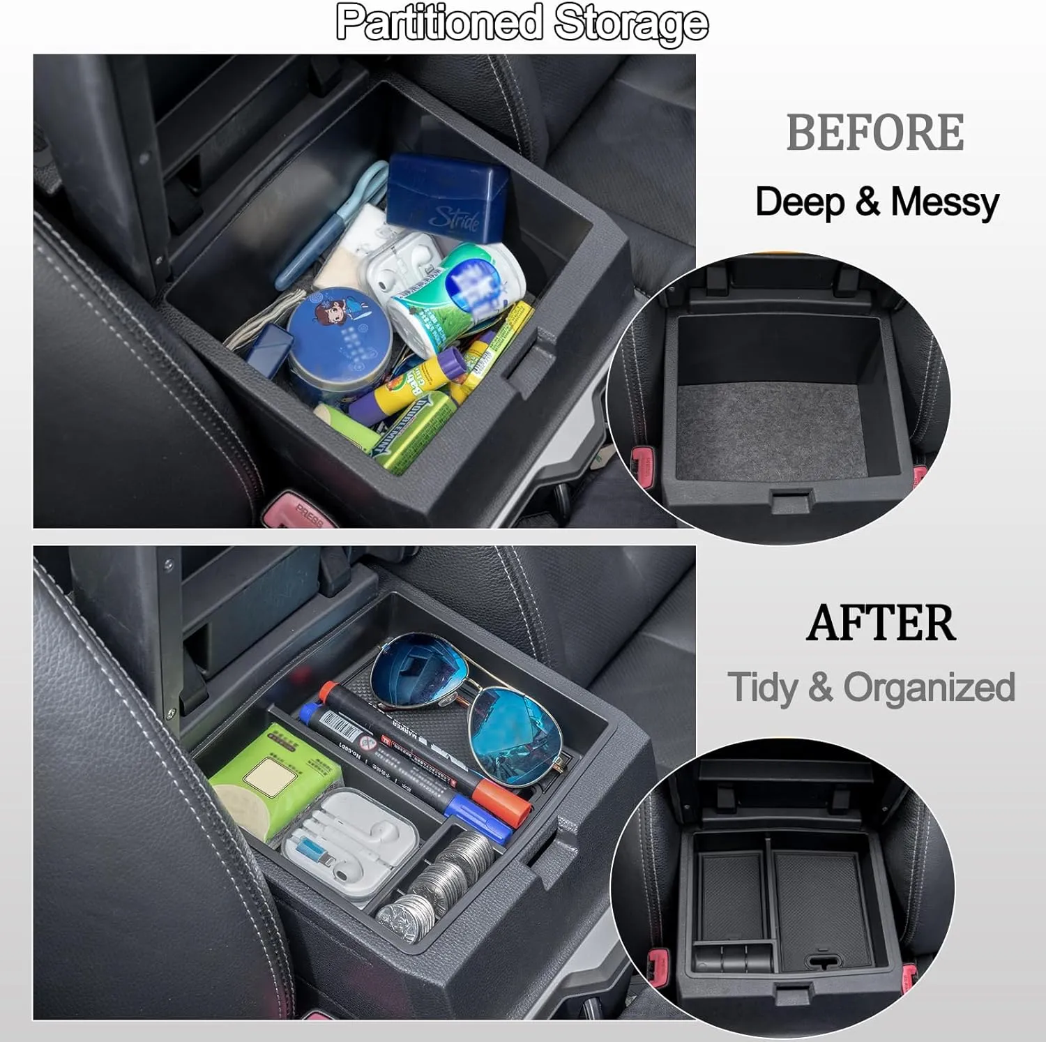 JDMCAR Center Console Organizer Compatible with 2024 2025 Toyota Tacoma, Armrest Insert ABS Plastic Coin Holder Secondary Storage Box (Black Trim)