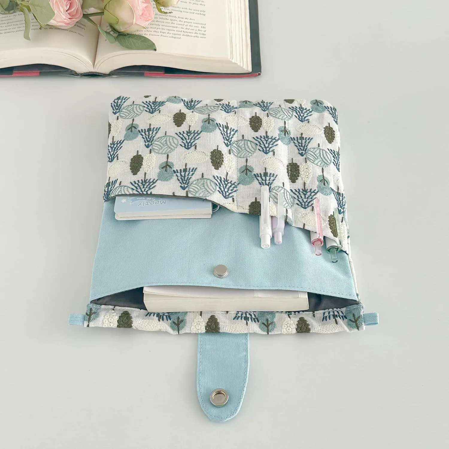 JML embroidery Book Sleeve,Multiple pockets for convenient storage,thickened fabric for durable protection，an ideal choice for book lovers,10.6x8.7 inches (Blue Tree, 10.6x8.7 inches)