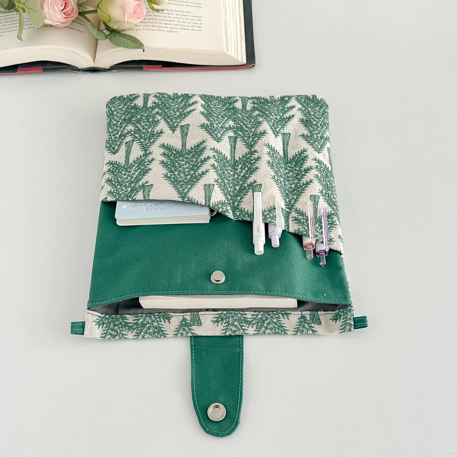JML embroidery Book Sleeve,Multiple pockets for convenient storage,thickened fabric for durable protection，an ideal choice for book lovers,10.6x8.7 inches (Green trees, 10.6x8.7 inches)