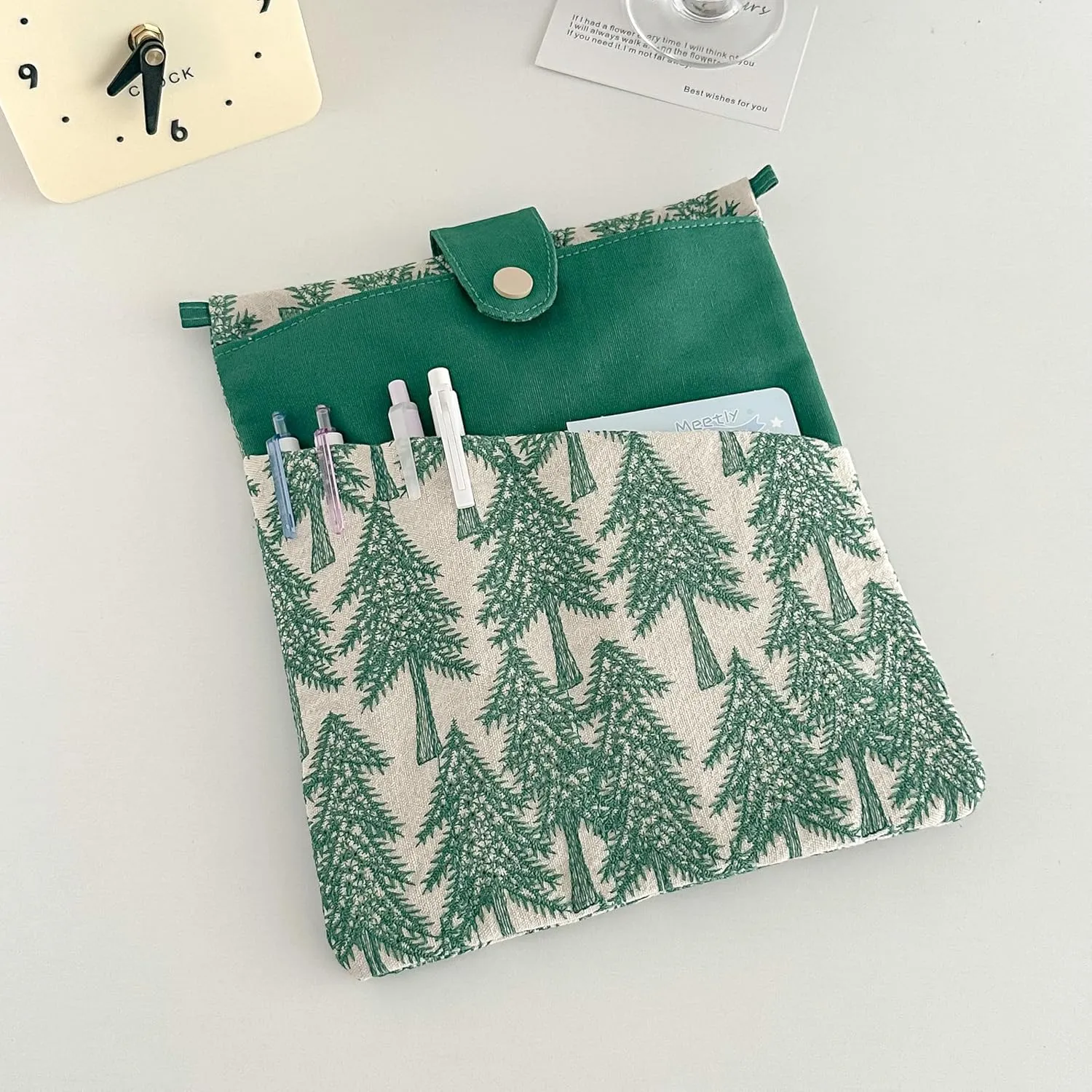 JML embroidery Book Sleeve,Multiple pockets for convenient storage,thickened fabric for durable protection，an ideal choice for book lovers,10.6x8.7 inches (Green trees, 10.6x8.7 inches)