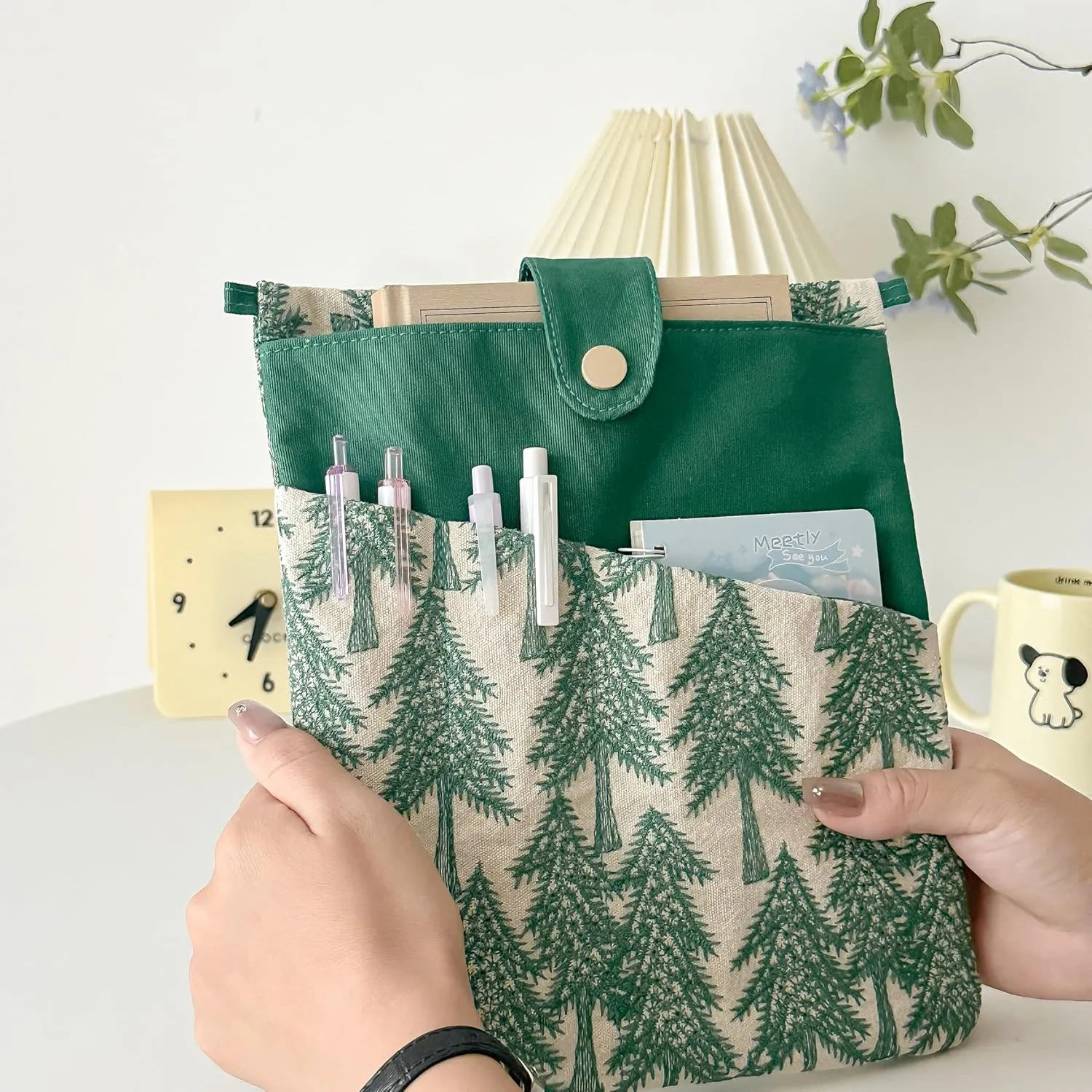 JML embroidery Book Sleeve,Multiple pockets for convenient storage,thickened fabric for durable protection，an ideal choice for book lovers,10.6x8.7 inches (Green trees, 10.6x8.7 inches)