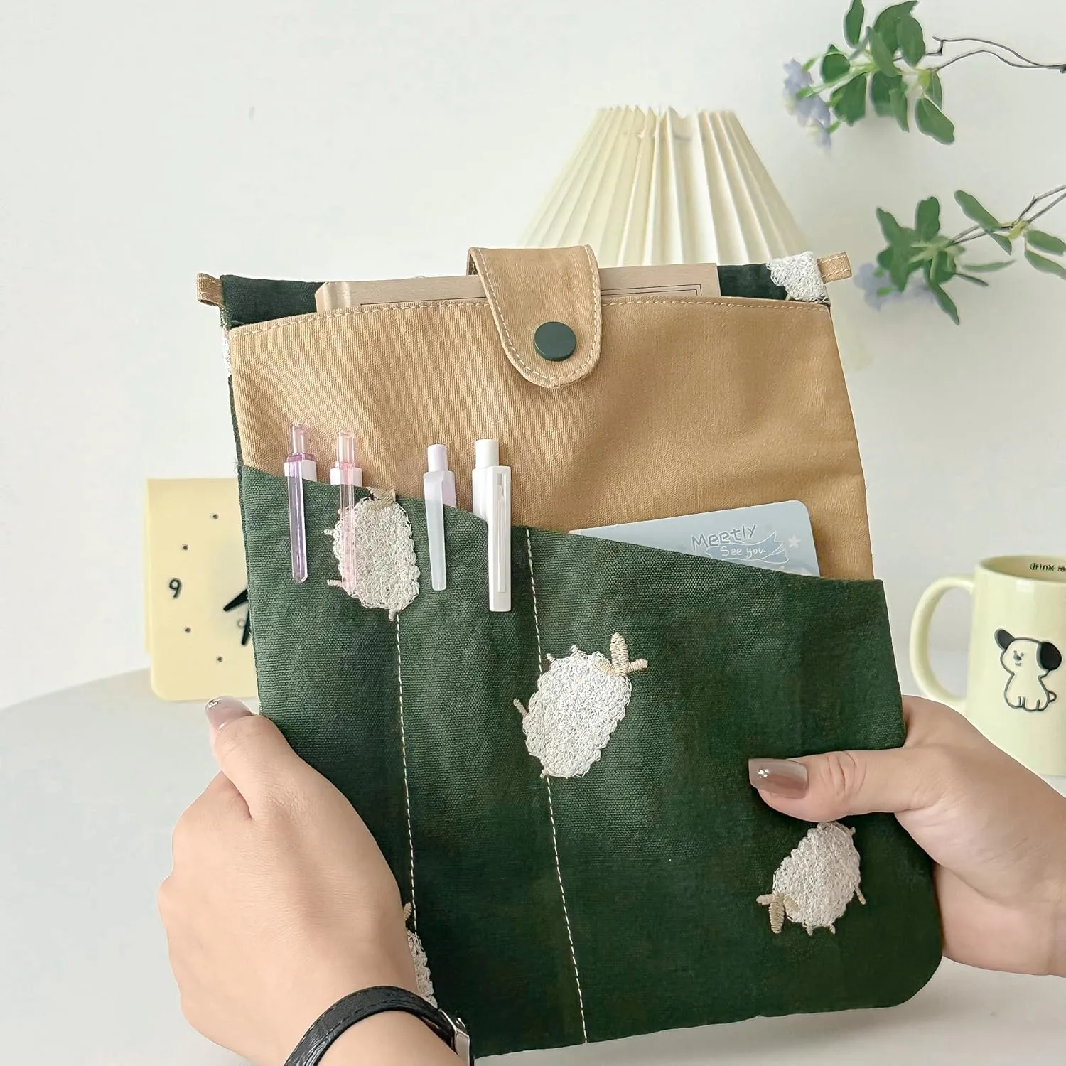 JML embroidery Book Sleeve,Multiple pockets for convenient storage,thickened fabric for durable protection，an ideal choice for book lovers,10.6x8.7 inches (sheep, 10.6x8.7 inches)