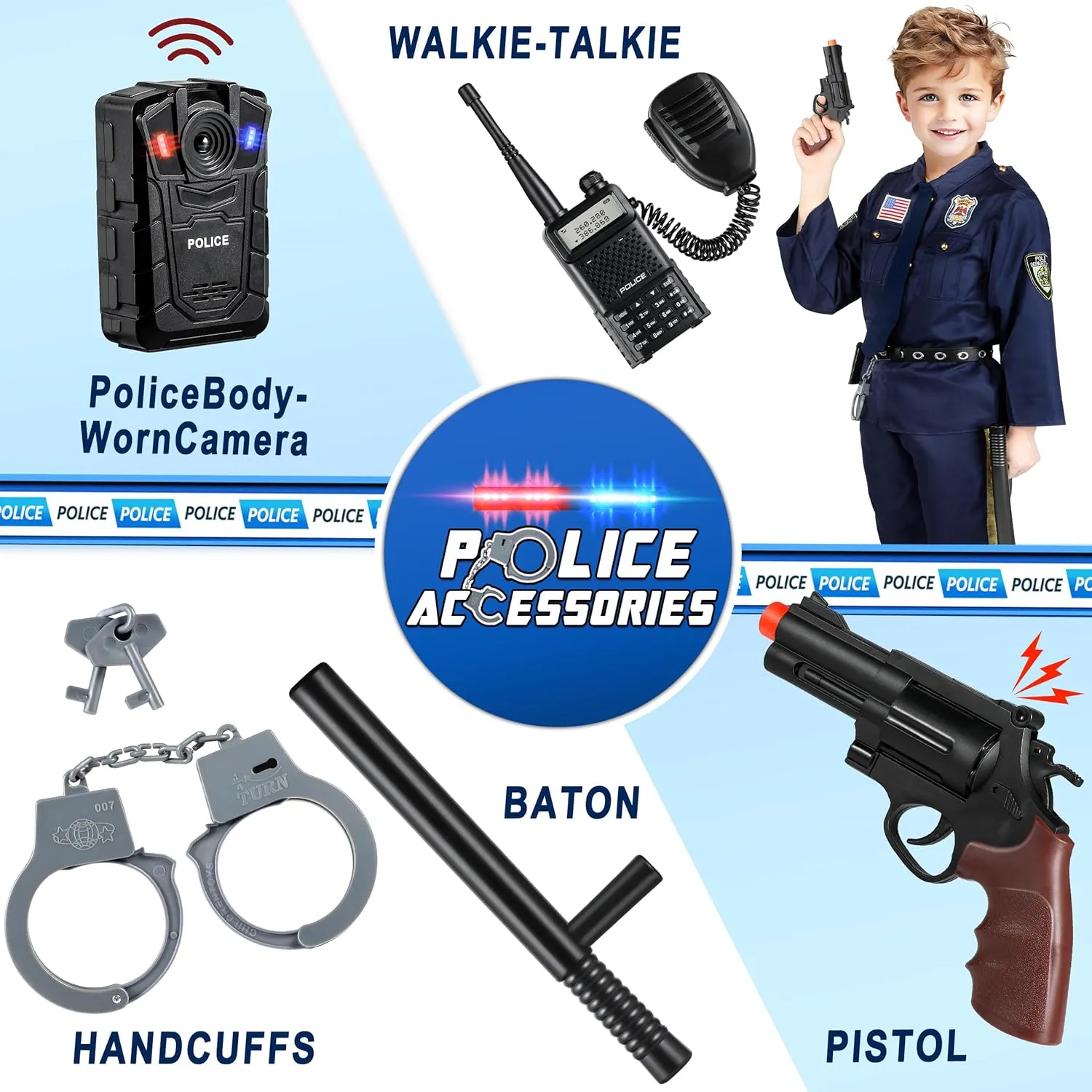 Joycover Police Officer Costume for Kids - Deluxe Police Costume for Kids with Accessories, Kids Halloween Costumes for Boys Girls, Cop Costume Role Play Kit for Halloween Career Day-M…