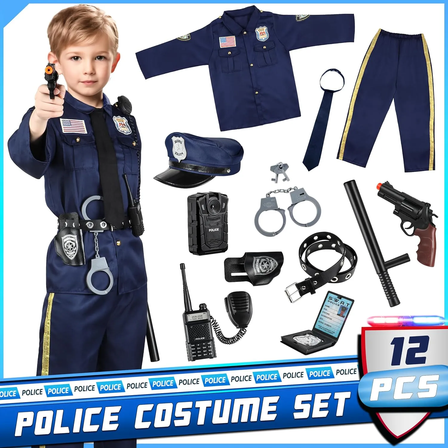 Joycover Police Officer Costume for Kids - Deluxe Police Costume for Kids with Accessories, Kids Halloween Costumes for Boys Girls, Cop Costume Role Play Kit for Halloween Career Day-M…