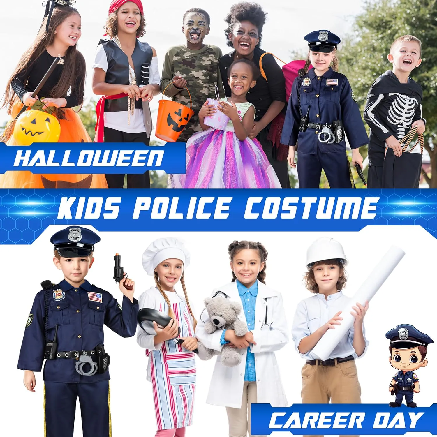 Joycover Police Officer Costume for Kids - Deluxe Police Costume for Kids with Accessories, Kids Halloween Costumes for Boys Girls, Cop Costume Role Play Kit for Halloween Career Day-M…