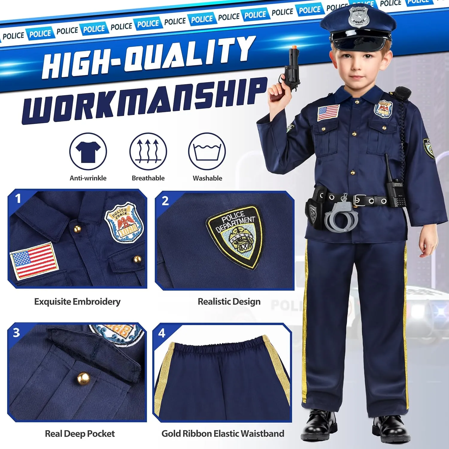 Joycover Police Officer Costume for Kids - Deluxe Police Costume for Kids with Accessories, Kids Halloween Costumes for Boys Girls, Cop Costume Role Play Kit for Halloween Career Day-M…
