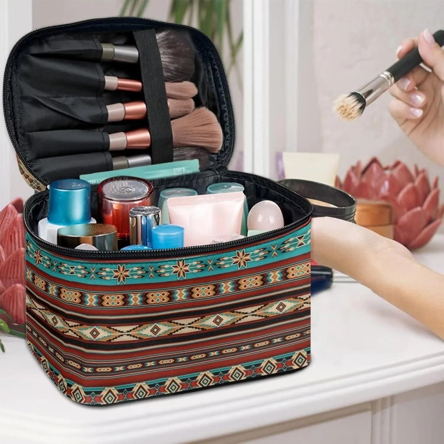 JoyLamoria Aztec Print Cosmetic Bag Lightweight Toiletry Case Brush Bag with Design