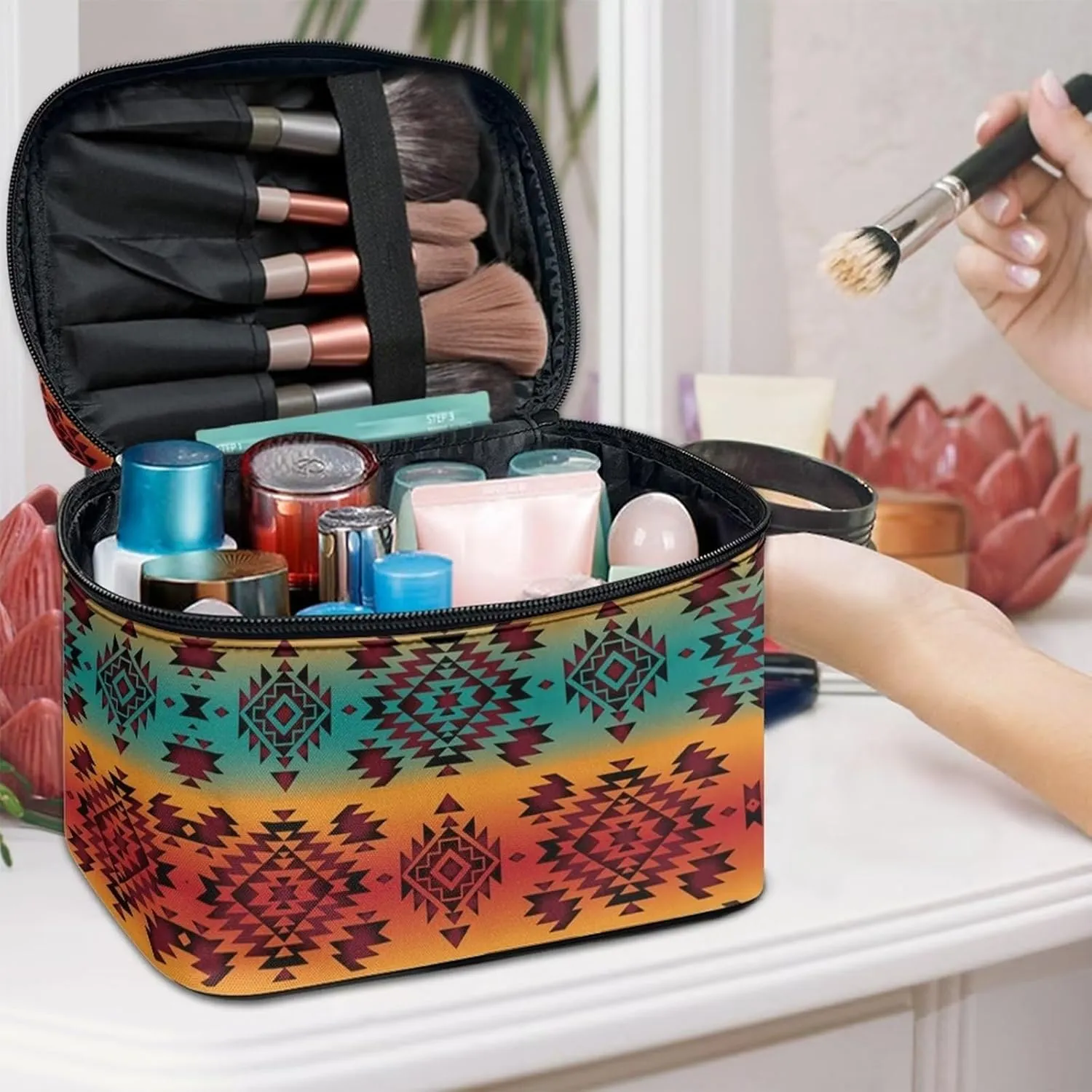JoyLamoria Aztec Southwestern Cosmetic Bag Travel Women Girls Makeup Bag Wallet Coin Purse