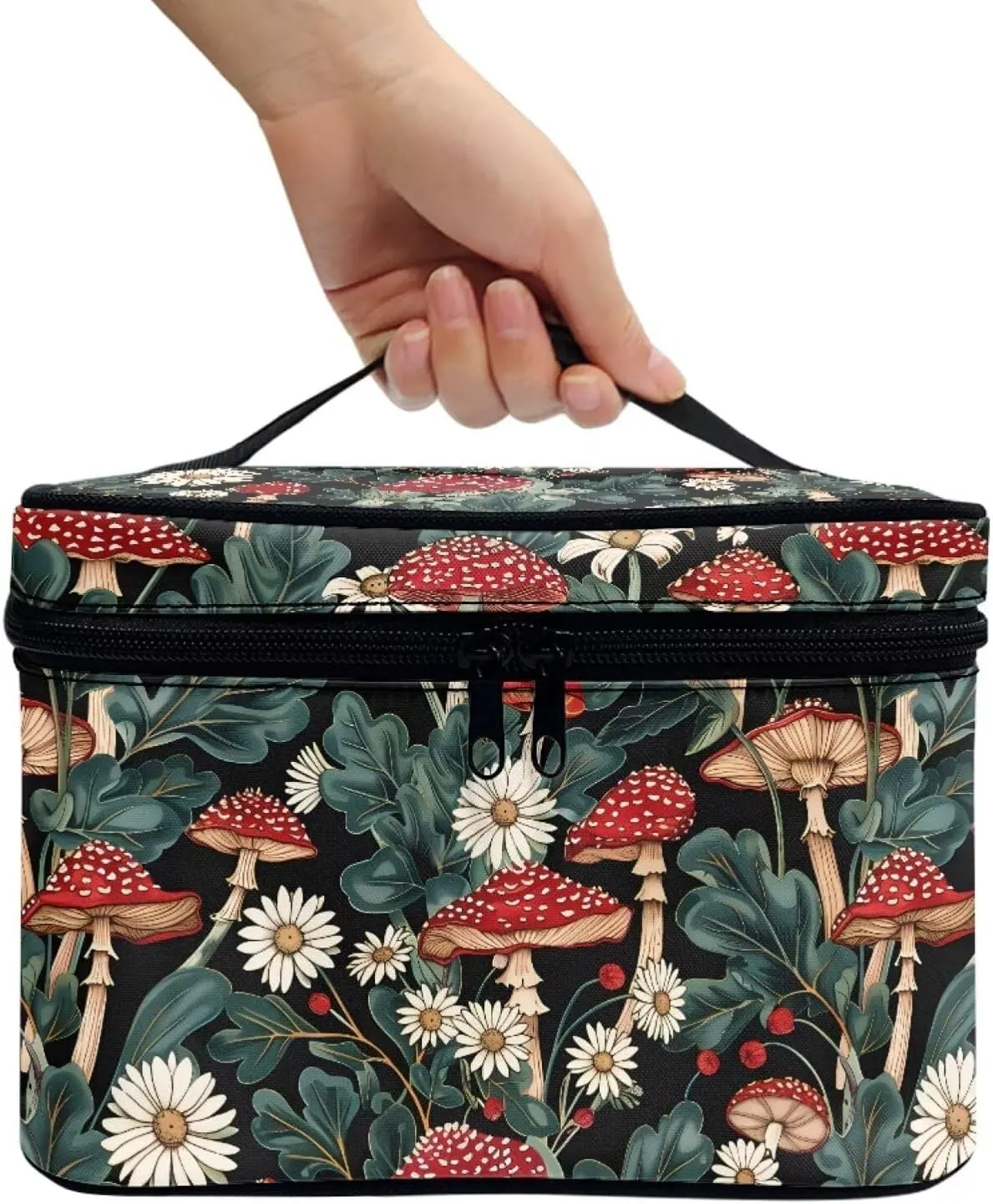 JoyLamoria Bright Mushroom Daisy Travel Makeup Bag Portable Cute Brush Bag Toiletry Bag for Women