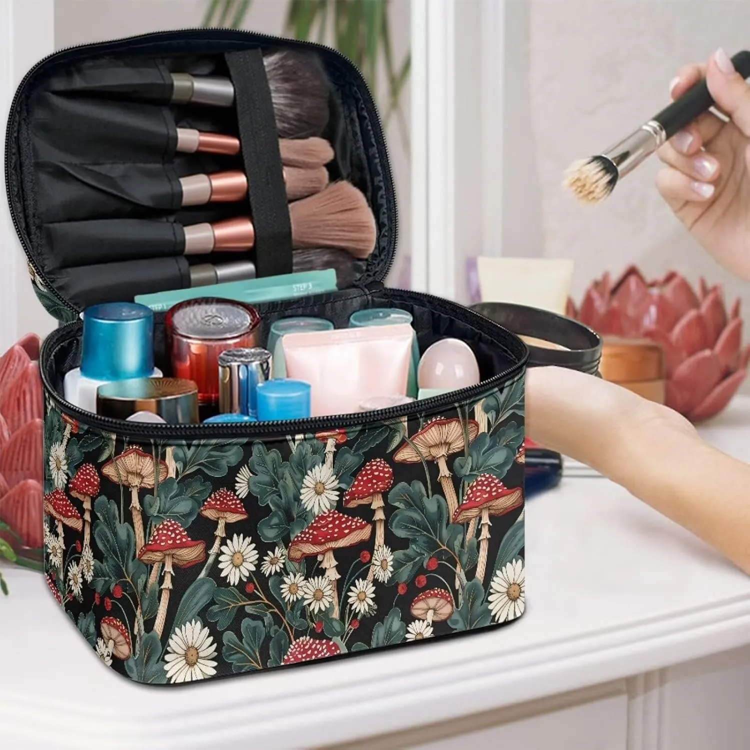 JoyLamoria Bright Mushroom Daisy Travel Makeup Bag Portable Cute Brush Bag Toiletry Bag for Women