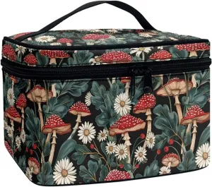 JoyLamoria Bright Mushroom Daisy Travel Makeup Bag Portable Cute Brush Bag Toiletry Bag for Women