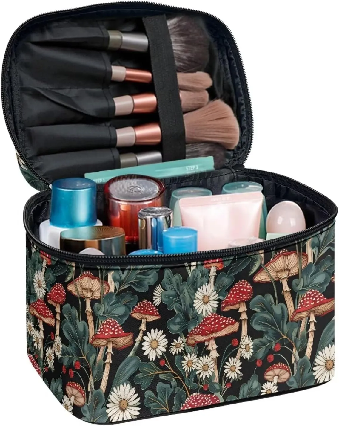 JoyLamoria Bright Mushroom Daisy Travel Makeup Bag Portable Cute Brush Bag Toiletry Bag for Women