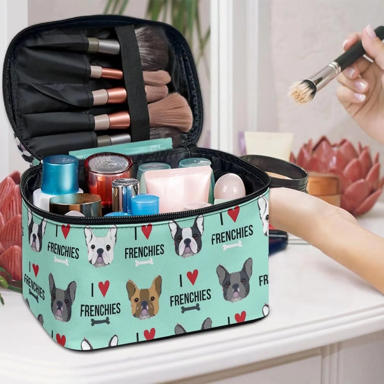JoyLamoria French Bulldog Print Travel Makeup Bag Outdoor Handbag Cosmetic Case Zipper Closure