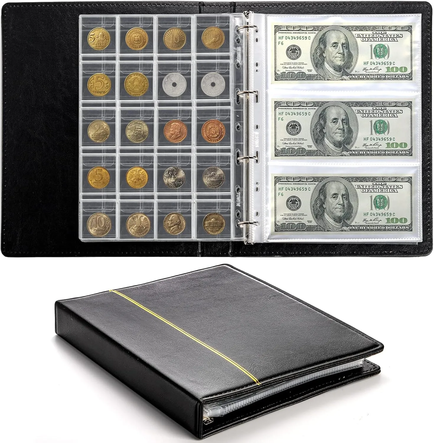 Jucoan 310 Pockets Coin Currency Collection Book Holder for Collectors, 250 Pockets Coin Collection Album and 60 Sleeves Paper Money Banknote Binder, Coin Currency Collection Supplies, Black