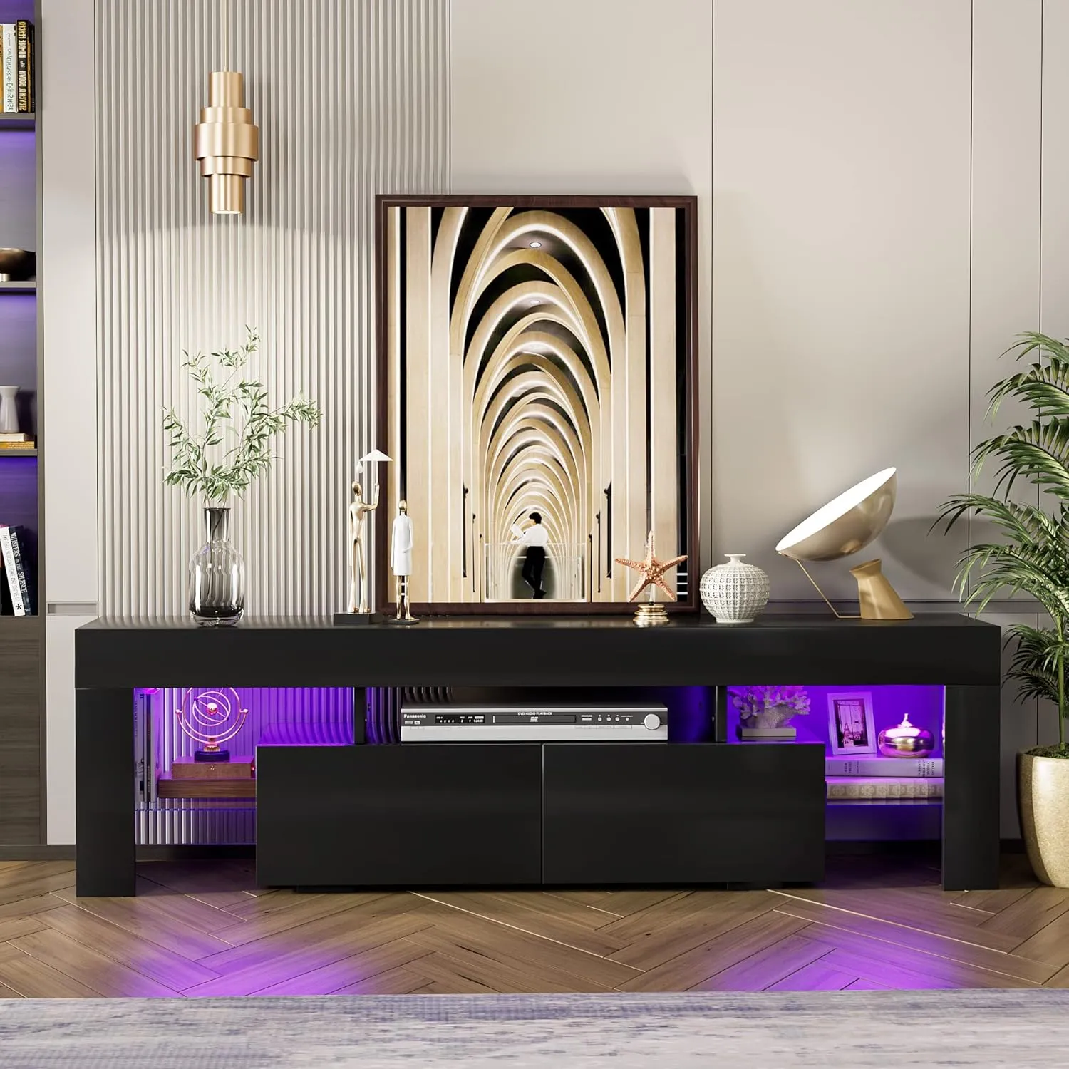 JUMMICO TV Stand, Modern Lighting TV Cabinet Entertainment Center Media and Open Shelf, TV Console Table with 1 Drawer and Remote Control, 20 Color LED Lights up to 70 Inch TV (Black)