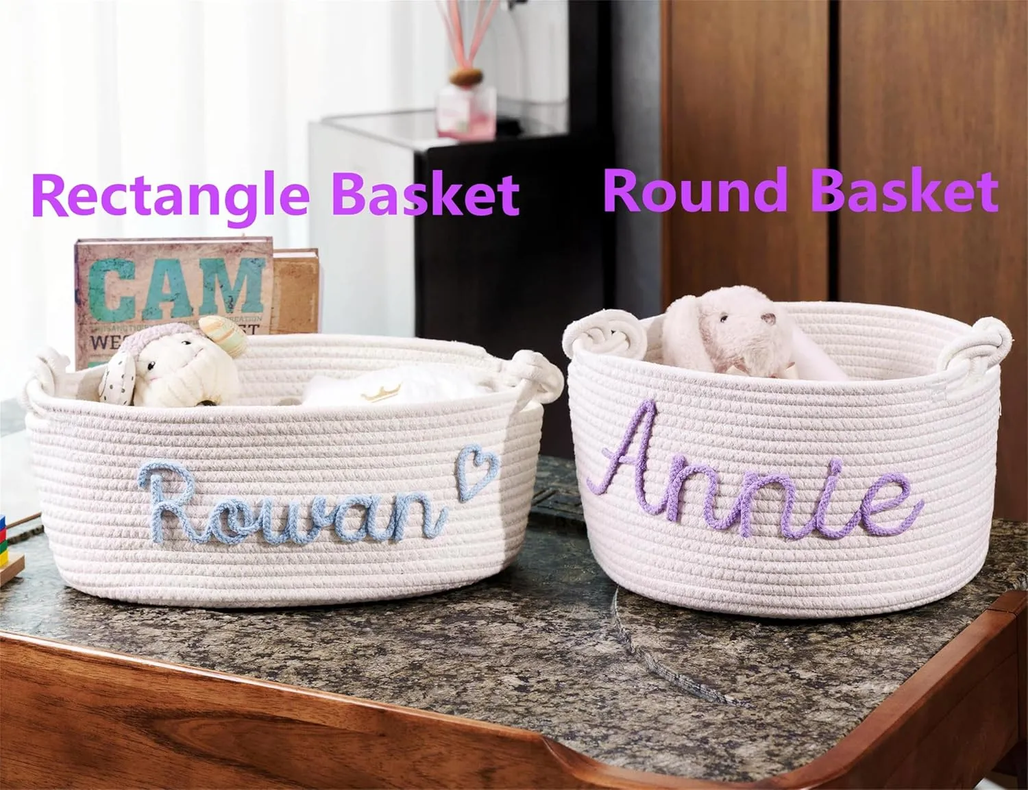 JUPPE Personalized Baby Show Gift Basket with Name, Kids Toys Storage Bag Children Organizer Box Baby Boy Girl Cotton Rope Basket Nursery Decor Newborn Gift (style 4)