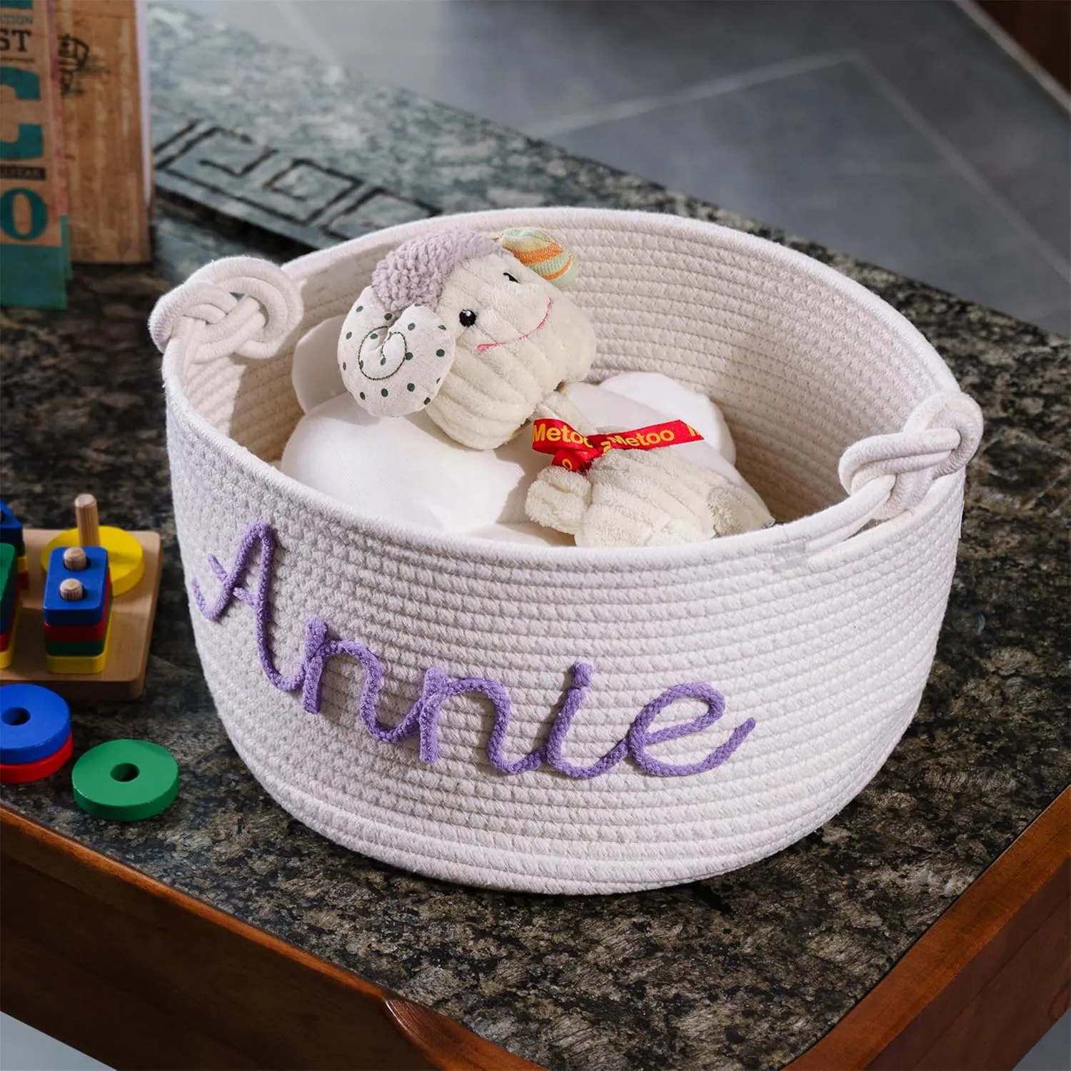 JUPPE Personalized Baby Show Gift Basket with Name, Kids Toys Storage Bag Children Organizer Box Baby Boy Girl Cotton Rope Basket Nursery Decor Newborn Gift (style 4)