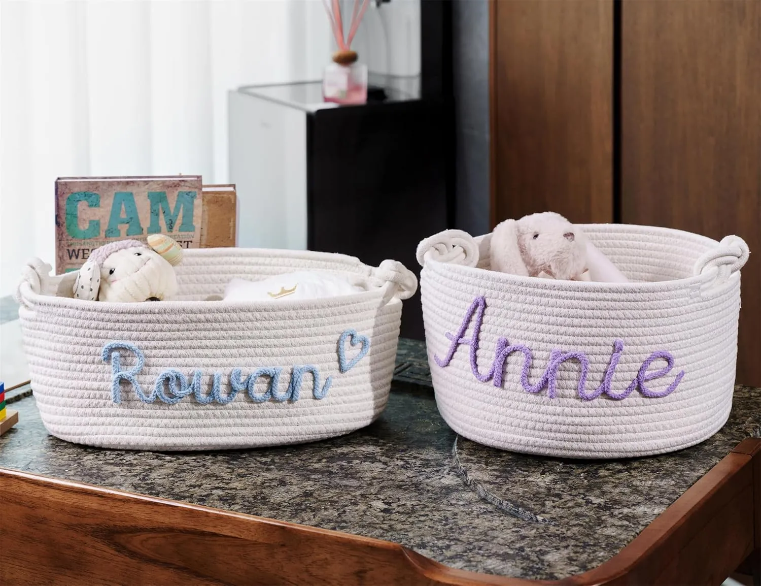 JUPPE Personalized Baby Show Gift Basket with Name, Kids Toys Storage Bag Children Organizer Box Baby Boy Girl Cotton Rope Basket Nursery Decor Newborn Gift (style 4)