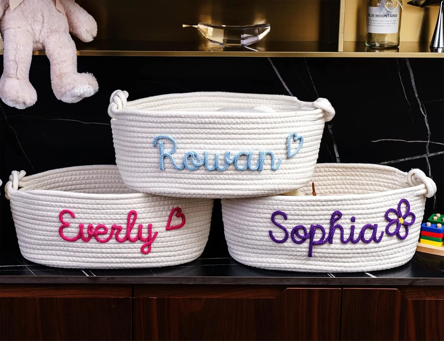 JUPPE Personalized Baby Show Gift Basket with Name, Kids Toys Storage Bag Children Organizer Box Baby Boy Girl Cotton Rope Basket Nursery Decor Newborn Gift (style 4)