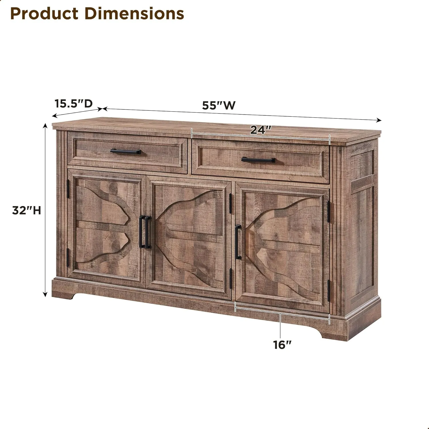 JXQTLINGMU 55" Large Buffet Sideboard Cabinet with 3 Doors and 2 Drawers, Buffet Table Coffee Bar Wine Bar Storage Cabinet for Dining Room, Living Room, Warm Brown