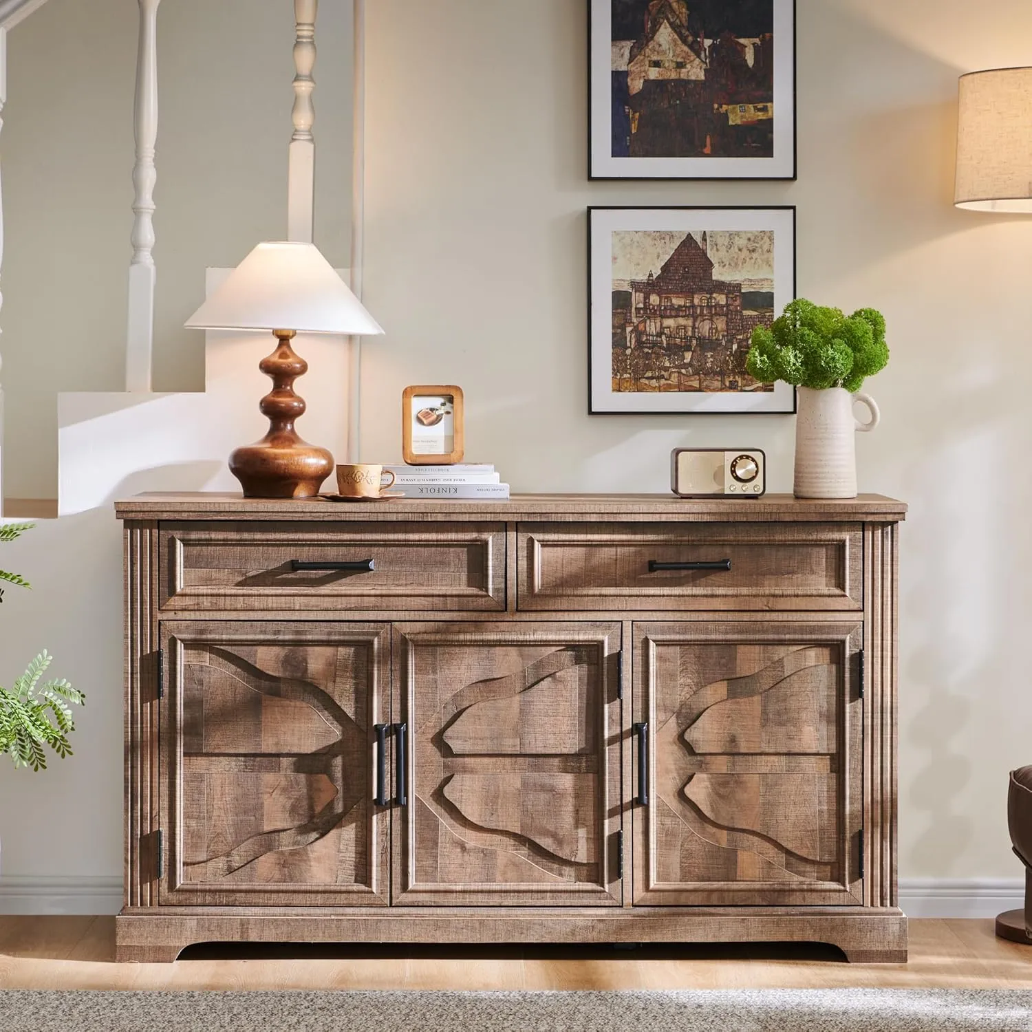 JXQTLINGMU 55" Large Buffet Sideboard Cabinet with 3 Doors and 2 Drawers, Buffet Table Coffee Bar Wine Bar Storage Cabinet for Dining Room, Living Room, Warm Brown