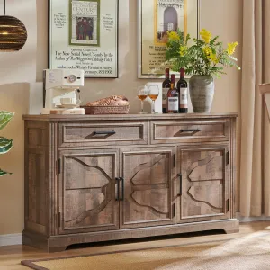JXQTLINGMU 55" Large Buffet Sideboard Cabinet with 3 Doors and 2 Drawers, Buffet Table Coffee Bar Wine Bar Storage Cabinet for Dining Room, Living Room, Warm Brown