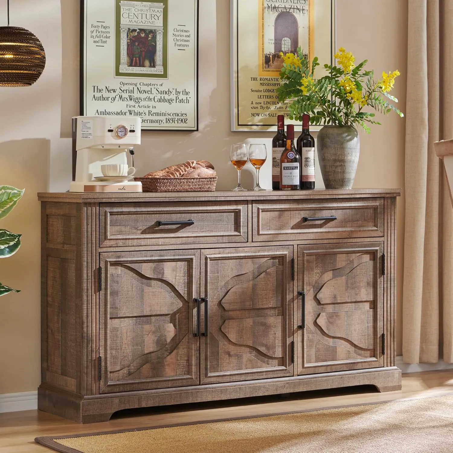 JXQTLINGMU 55" Large Buffet Sideboard Cabinet with 3 Doors and 2 Drawers, Buffet Table Coffee Bar Wine Bar Storage Cabinet for Dining Room, Living Room, Warm Brown