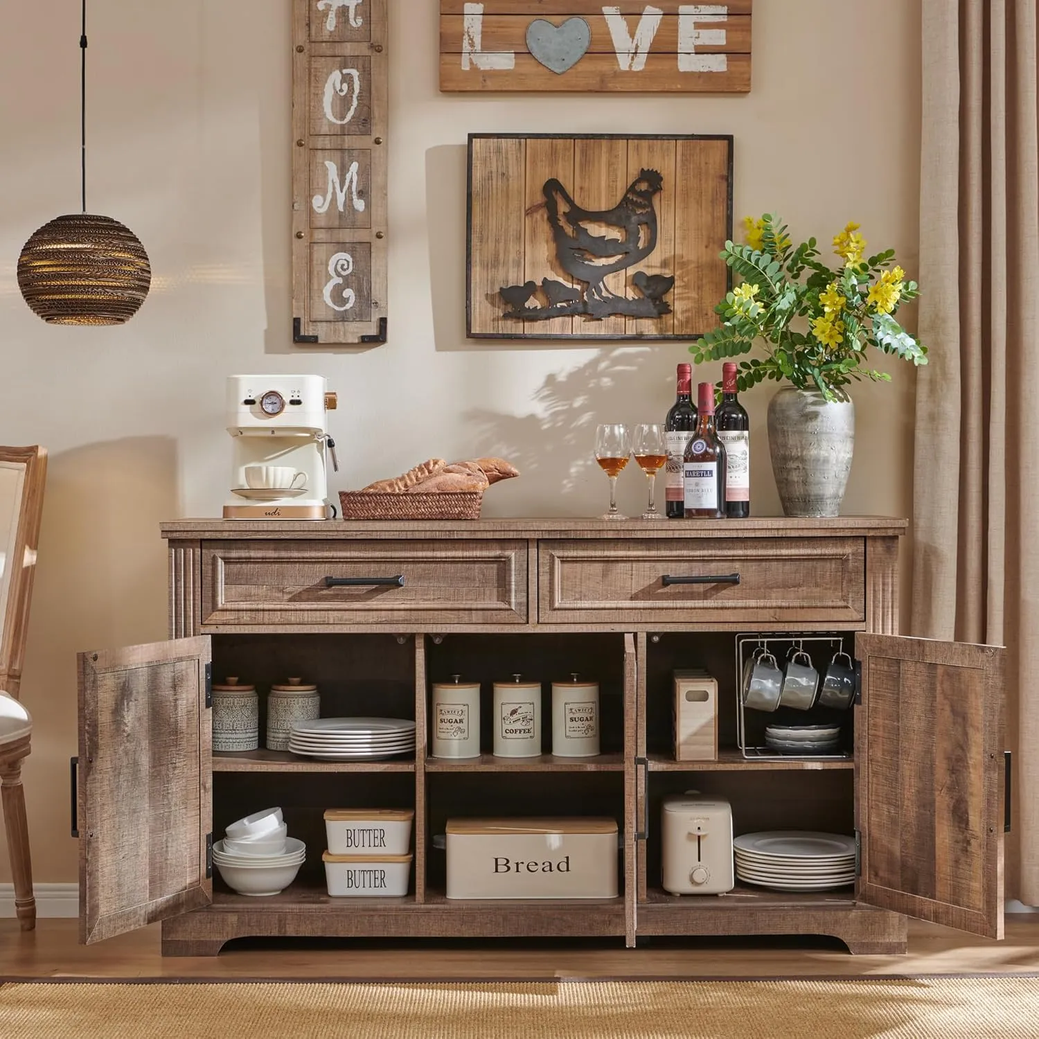 JXQTLINGMU 55" Large Buffet Sideboard Cabinet with 3 Doors and 2 Drawers, Buffet Table Coffee Bar Wine Bar Storage Cabinet for Dining Room, Living Room, Warm Brown