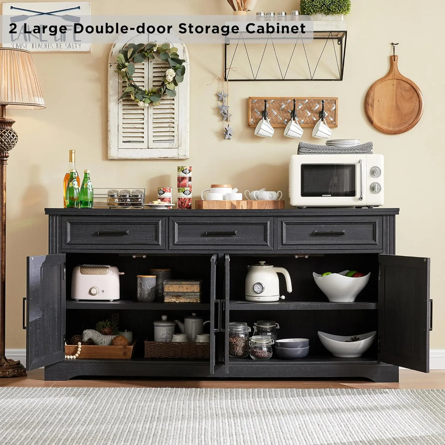 JXQTLINGMU 66" Large Buffet Sideboard Cabinet with 4 Doors and 3 Drawers, Buffet Table Coffee Bar Wine Bar Storage Cabinet for Dining Room, Living Room, Black