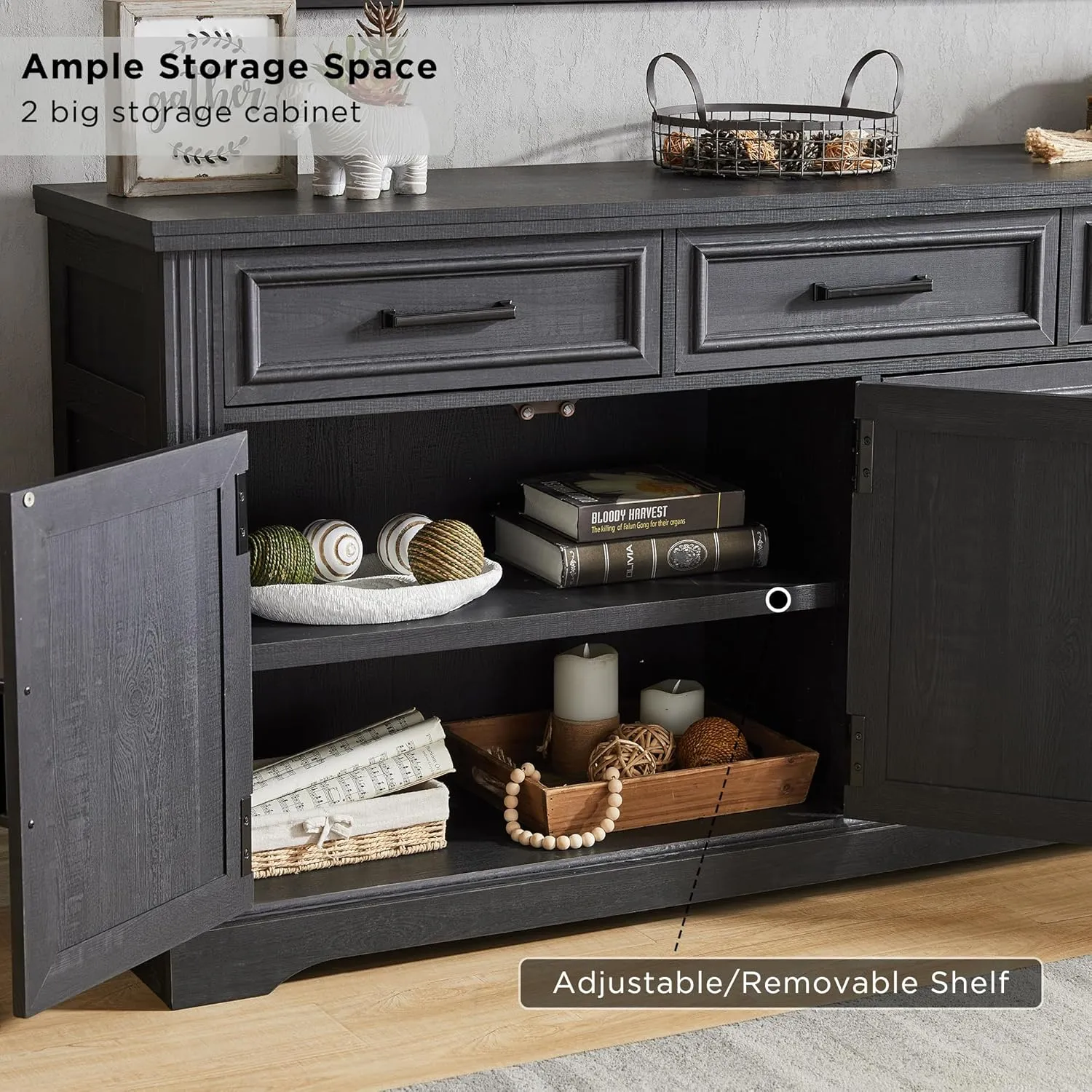 JXQTLINGMU 66" Large Buffet Sideboard Cabinet with 4 Doors and 3 Drawers, Buffet Table Coffee Bar Wine Bar Storage Cabinet for Dining Room, Living Room, Black
