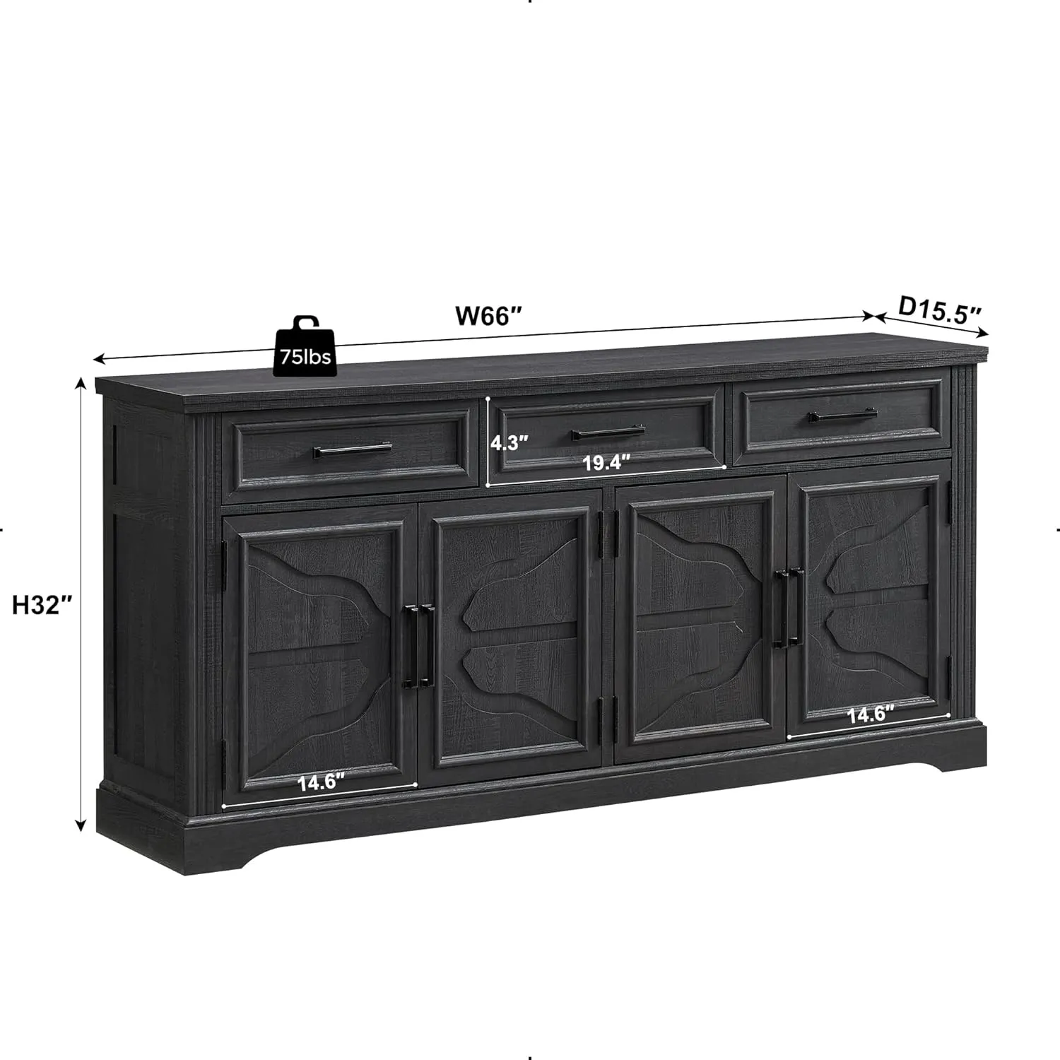 JXQTLINGMU 66" Large Buffet Sideboard Cabinet with 4 Doors and 3 Drawers, Buffet Table Coffee Bar Wine Bar Storage Cabinet for Dining Room, Living Room, Black