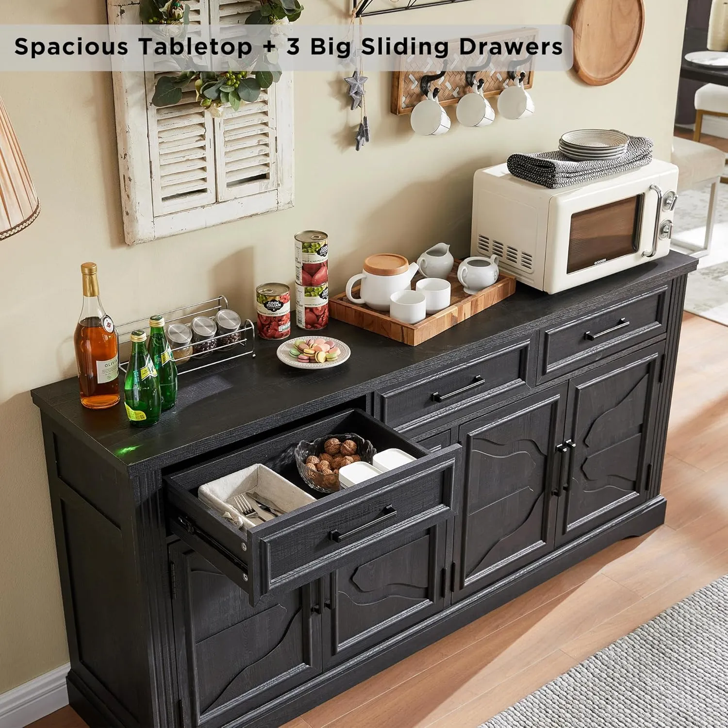 JXQTLINGMU 66" Large Buffet Sideboard Cabinet with 4 Doors and 3 Drawers, Buffet Table Coffee Bar Wine Bar Storage Cabinet for Dining Room, Living Room, Black