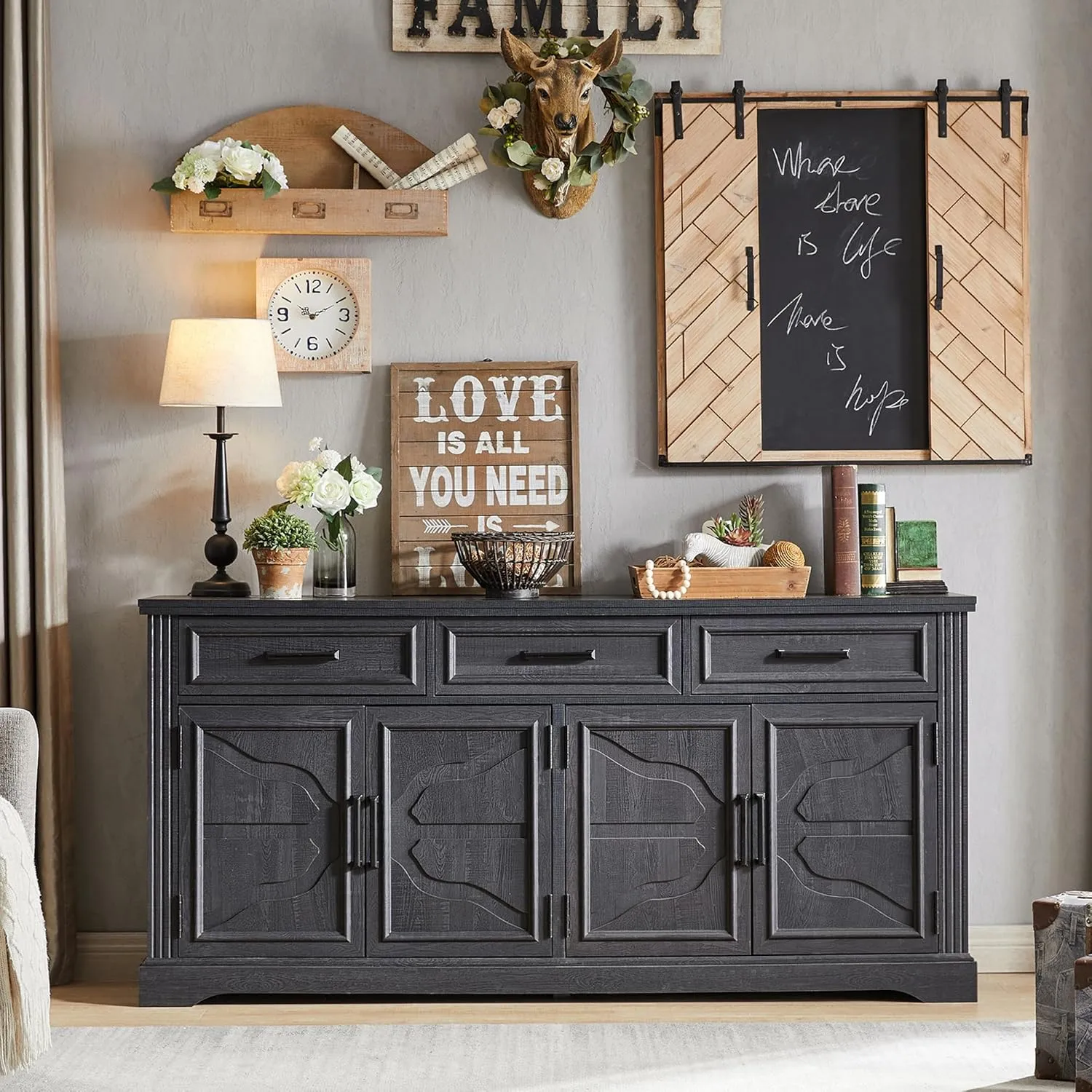 JXQTLINGMU 66" Large Buffet Sideboard Cabinet with 4 Doors and 3 Drawers, Buffet Table Coffee Bar Wine Bar Storage Cabinet for Dining Room, Living Room, Black