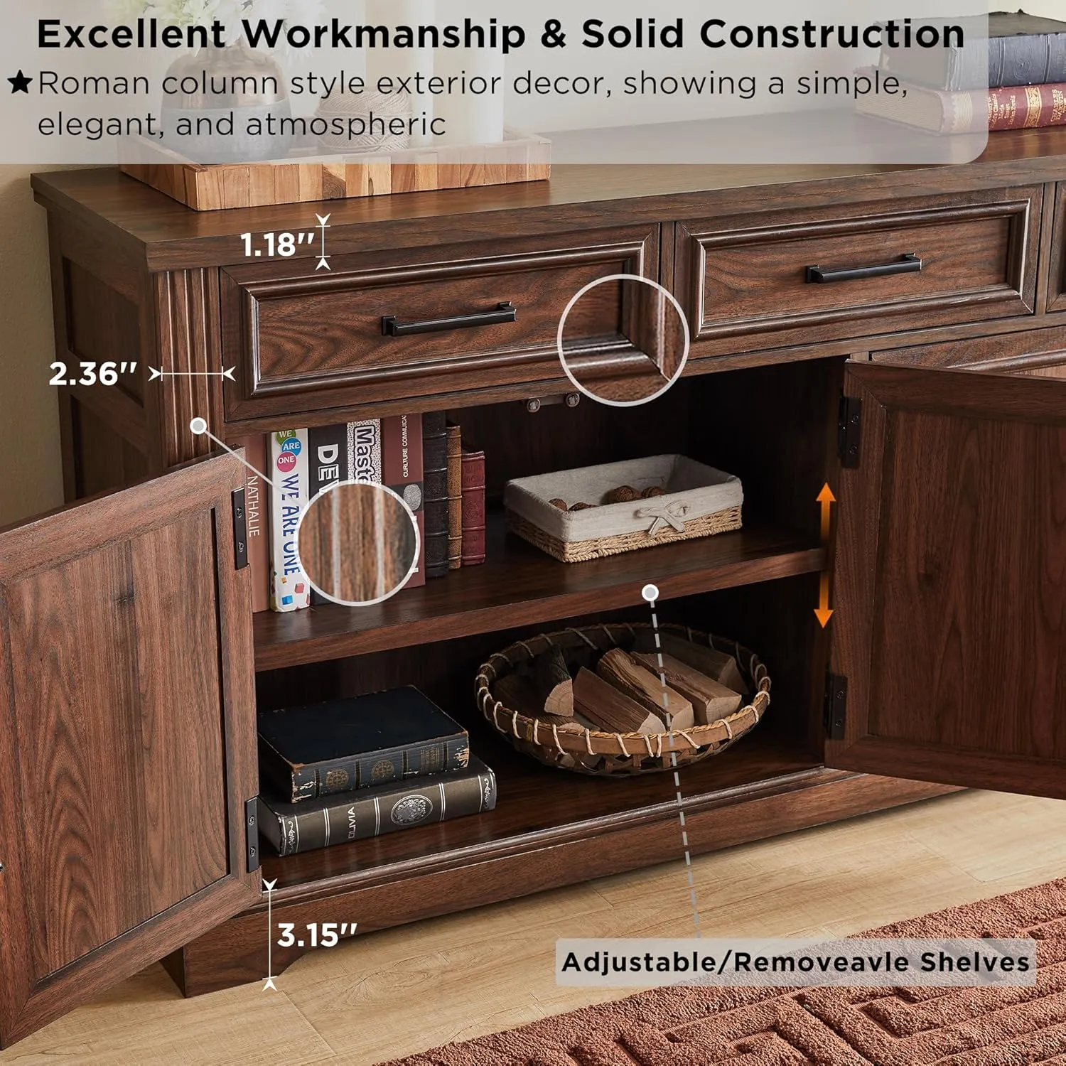 JXQTLINGMU 66" Large Buffet Sideboard Cabinet with 4 Doors and 3 Drawers, Buffet Table Coffee Bar Wine Bar Storage Cabinet for Dining Room, Living Room, Hallway, Dark Brown