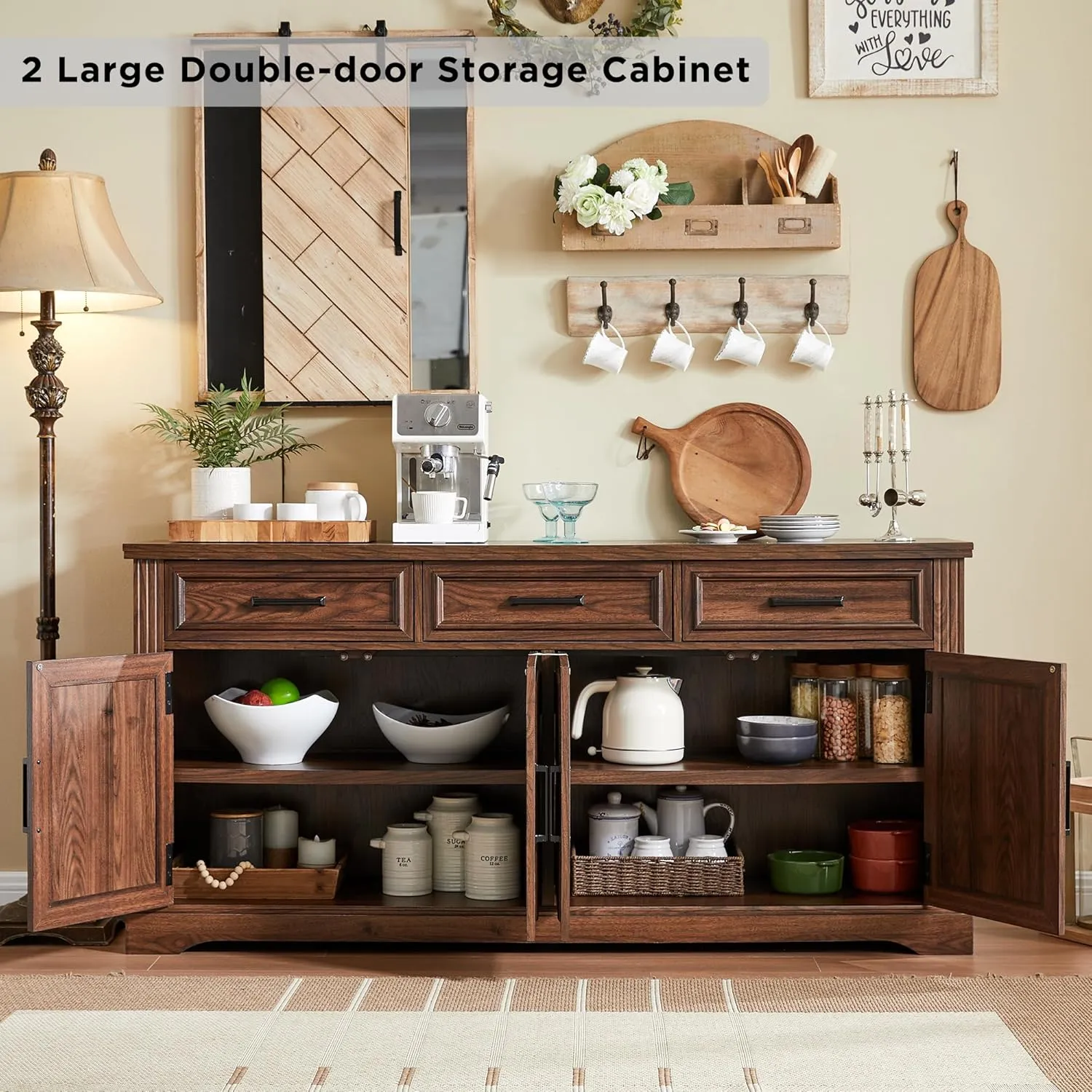 JXQTLINGMU 66" Large Buffet Sideboard Cabinet with 4 Doors and 3 Drawers, Buffet Table Coffee Bar Wine Bar Storage Cabinet for Dining Room, Living Room, Hallway, Dark Brown