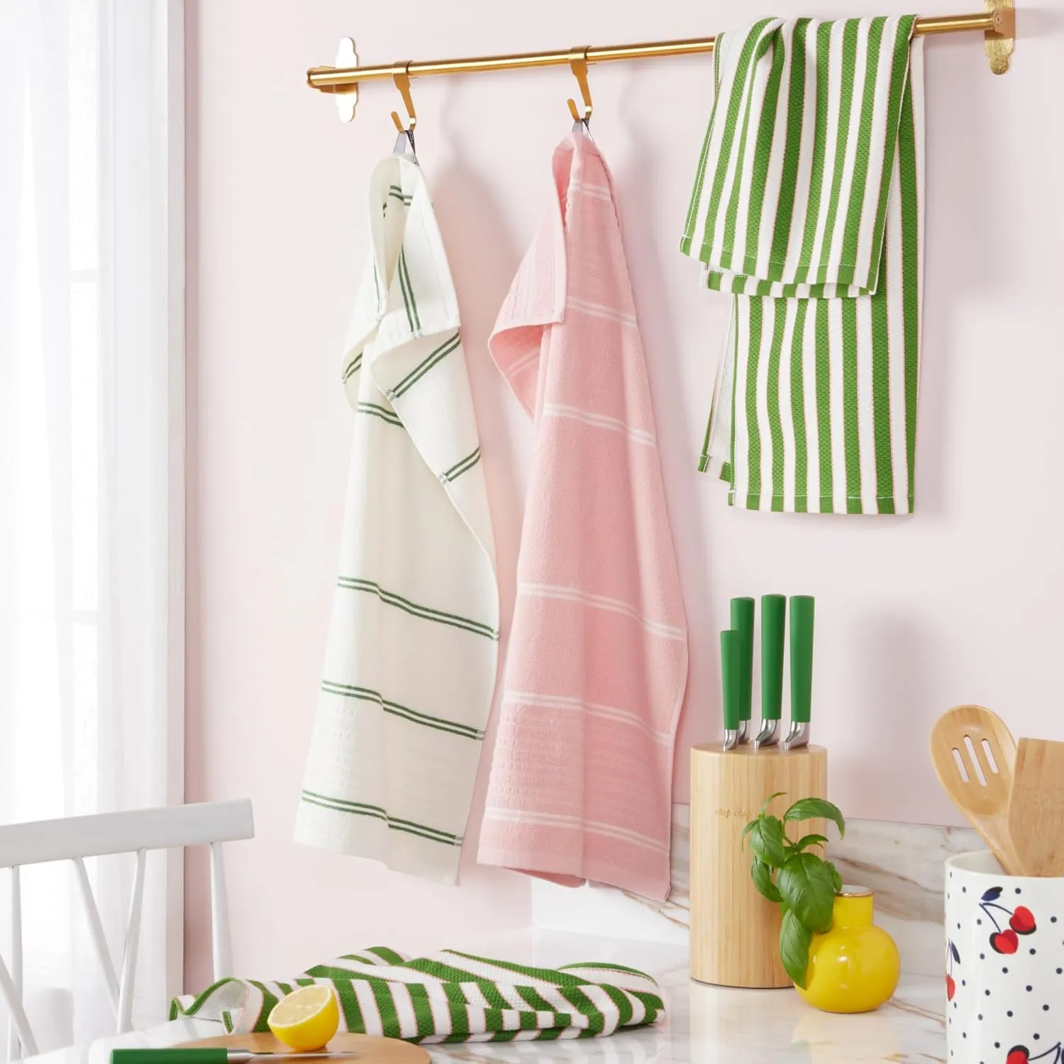 Kate Spade New York Botanical Stripe Kitchen Towels 4-Pack Set, Absorbent 100% Cotton, Green/Pink, 17"x28"
