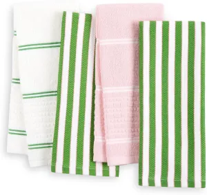 Kate Spade New York Botanical Stripe Kitchen Towels 4-Pack Set, Absorbent 100% Cotton, Green/Pink, 17"x28"