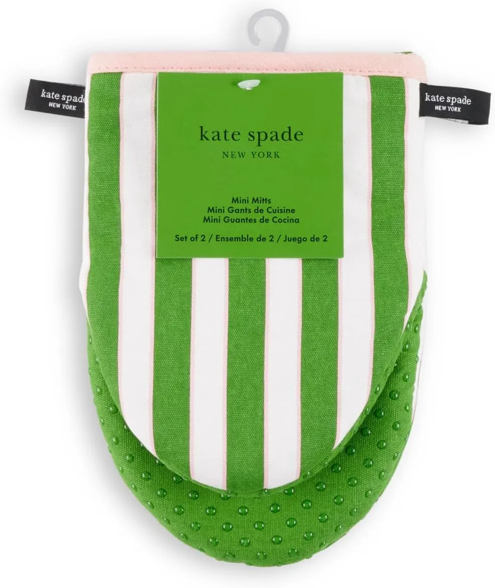 Kate Spade New York Botanical Stripe Mini Oven Mitt 2-Pack Set, 5.5" x 8", Green/Pink