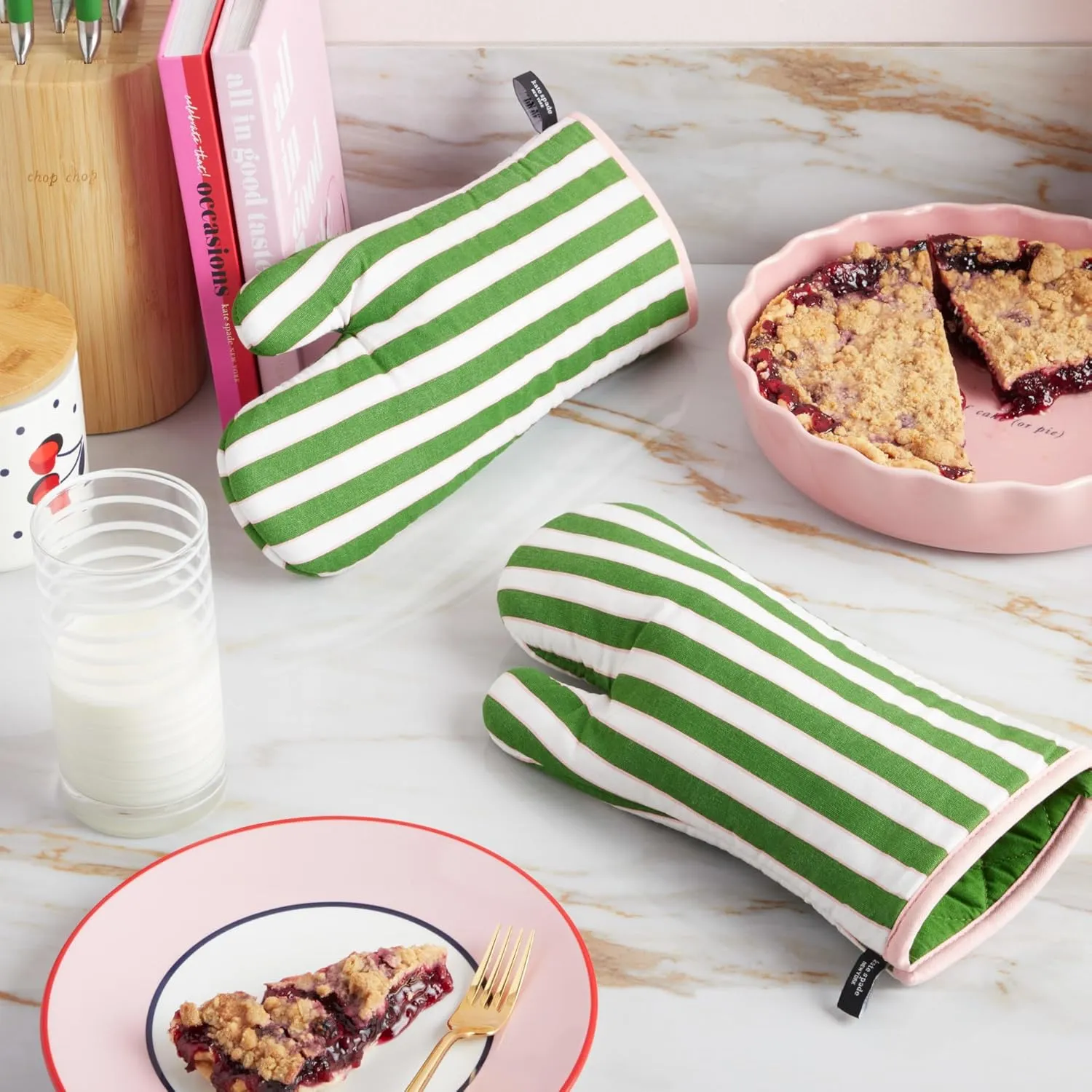 Kate Spade New York Botanical Stripe Oven Mitt 2-Pack Set, 7" x 13", Green/Pink