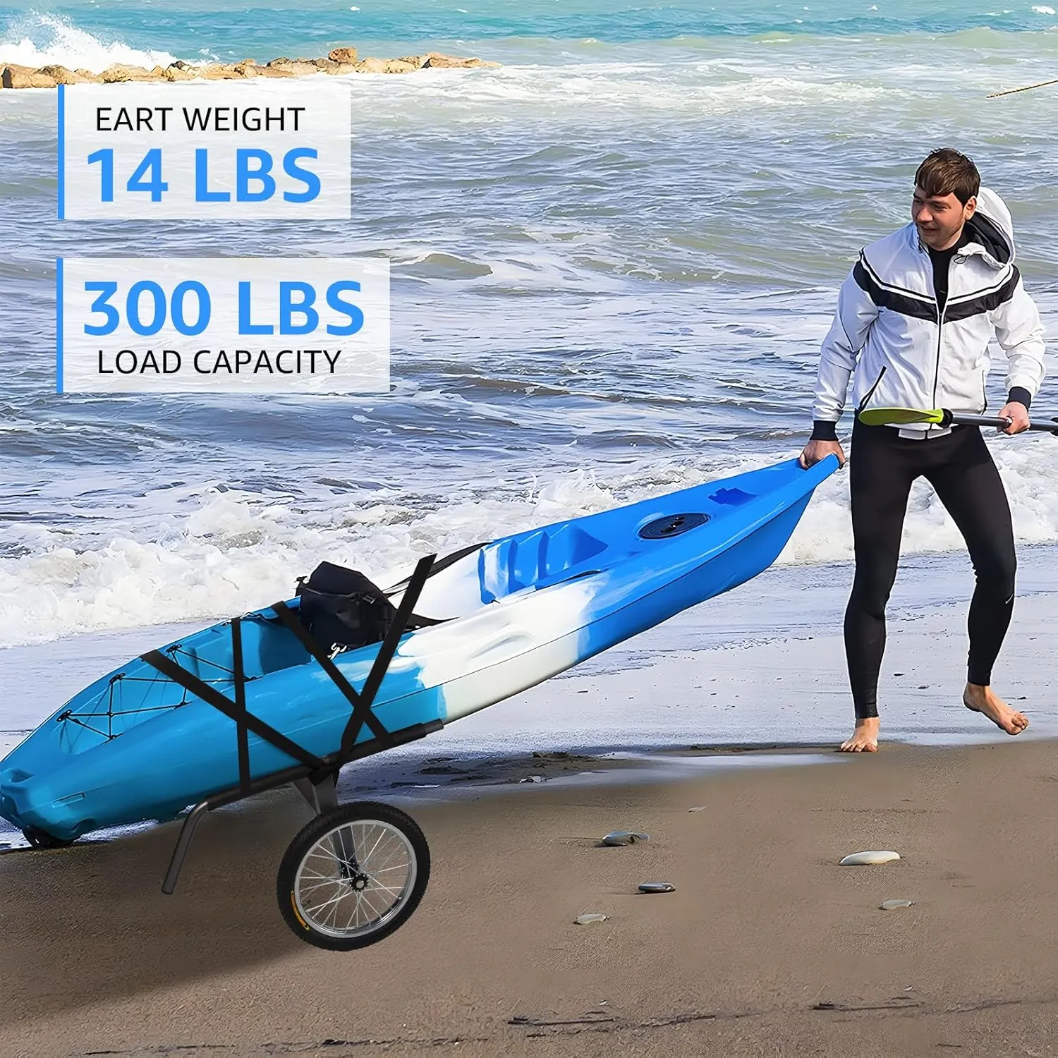 Kayak Beach Cart, Width Adjustable Universal Canoe Dolly Heavy Duty Kayak Trolley with 16" Wheels, Sturdy 300 LBS Weight Capacity