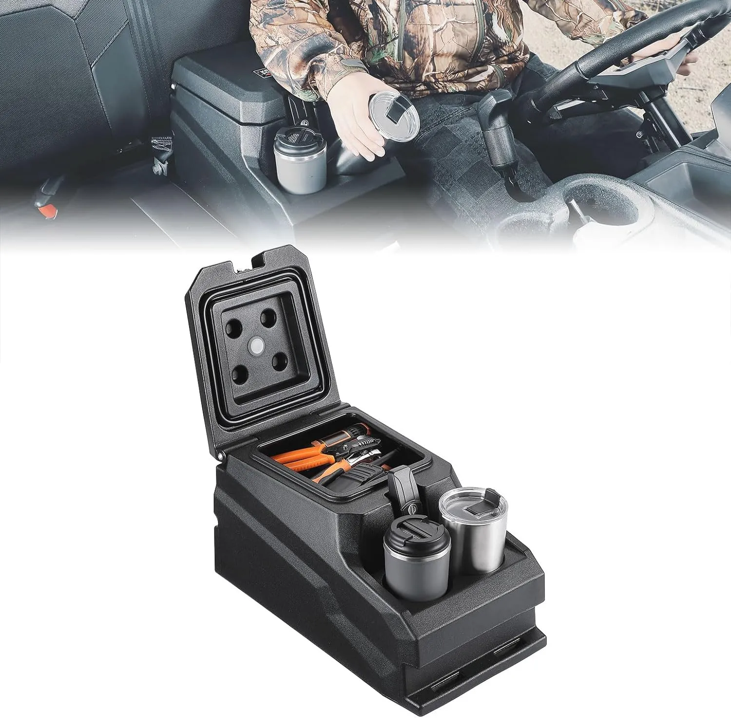 KEMIMOTO UTV Center Console Bench Seat Box Compatible with Polaris Ranger XP 1000/Crew 2017-2025, Ranger 1000/Crew 2020-2025, Ranger XP 900/Crew 2013-2019 Seat Armrest Storage/Cup Holders Waterproof