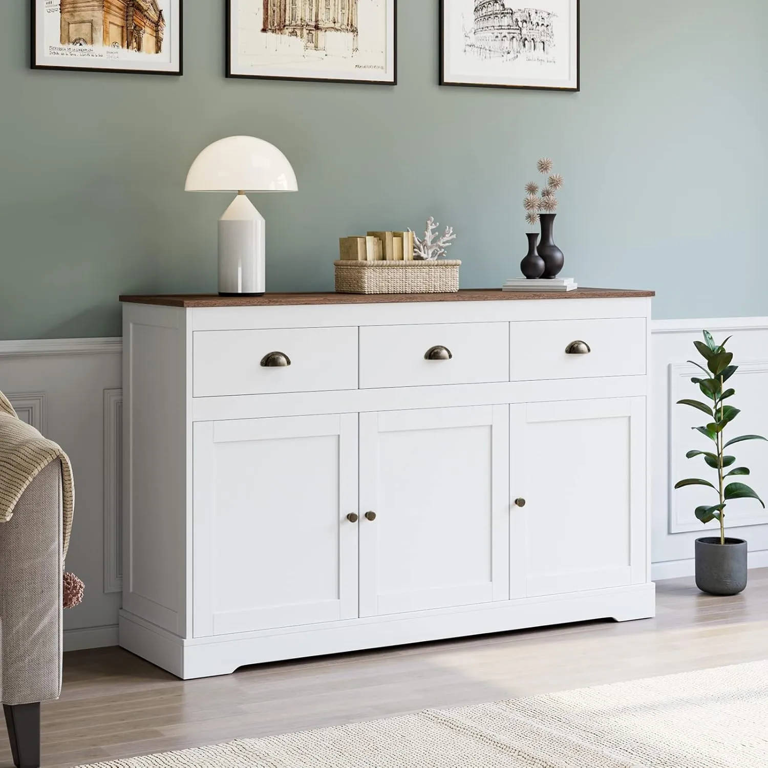 Keyluv White Buffet Cabinet Storage Sideboard Farmhouse Server Bar Wine Cabinet with 3 Drawers & 3 Doors Adjustable Shelves Console Table for Dining Living Room Kitchen Cupboard