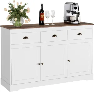 Keyluv White Buffet Cabinet Storage Sideboard Farmhouse Server Bar Wine Cabinet with 3 Drawers & 3 Doors Adjustable Shelves Console Table for Dining Living Room Kitchen Cupboard